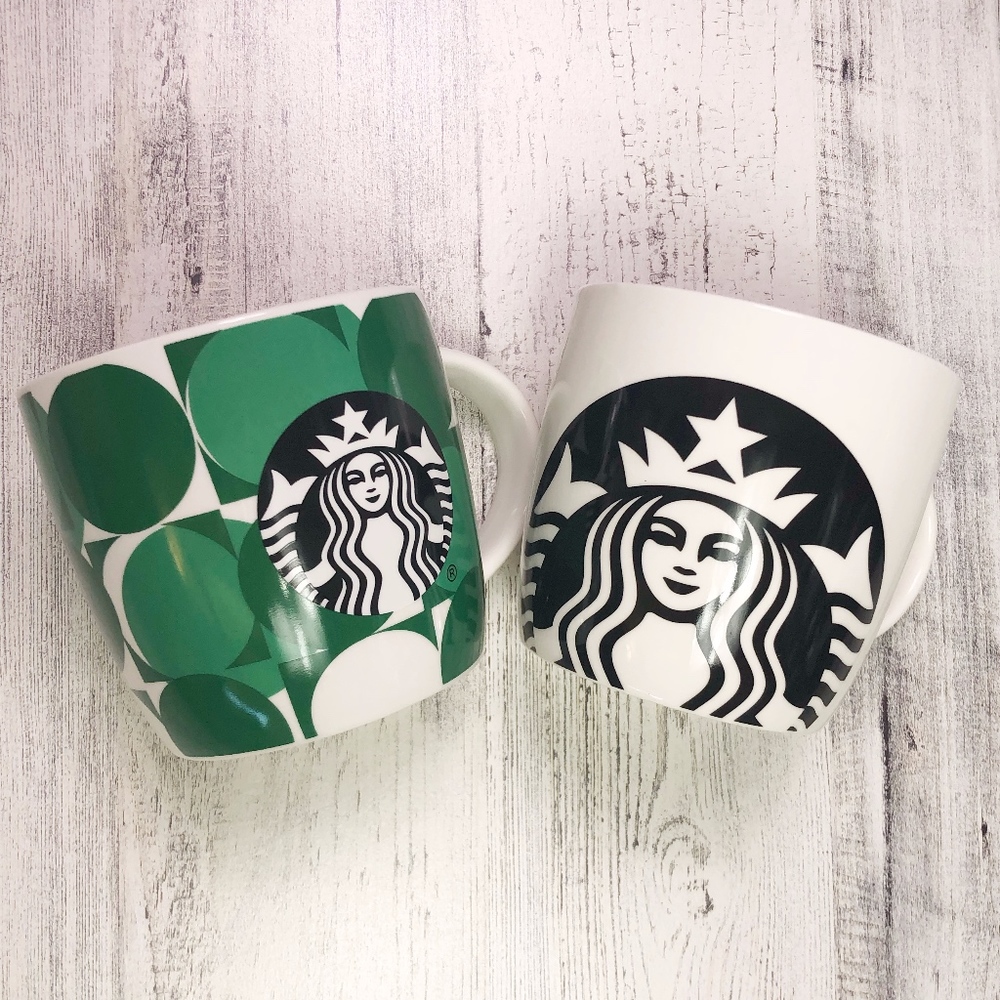 Starbucks Set of 2- 14oz Mugs Dots & Black Siren